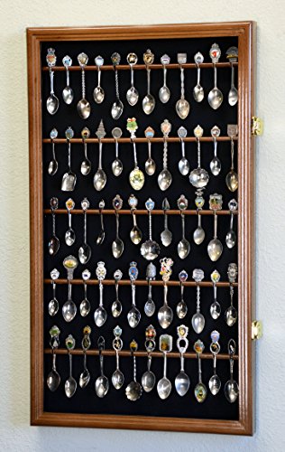 60 Spoon Display Case Cabinet Wall Mount Rack Holder w/98% UV Protection Lockable, Walnut