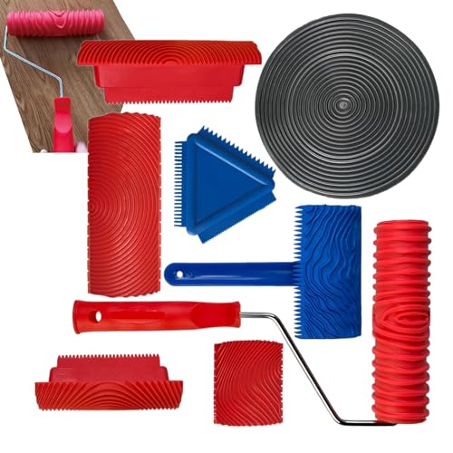 Mivpzisk 8点セット 木目調塗装ツールセット - 35x18 Cm ウッドグレイニング ラバー 木目ゴム塗装ツール, 砂目立て ペイントローラー ハンドル付き, グレインパターンローラー, 模様付きペイントローラー、リアルな塗装木材の外観、芸術的な