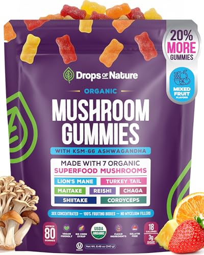 Drops Of Nature Lions Mane & Ashwagandha Gummies – Turkey Tail, Maitake, Reishi, Chaga, Shiitake,...