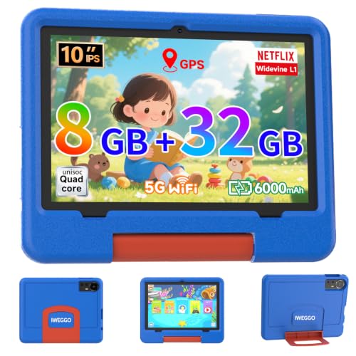 IWEGGO Android 15 Kids Tablet with EVA Case, 10 inch Tablet for Kids, 8GB RAM+32GB ROM/MAX 1TB, 1280 * 800 IPS HD Eye-Care Touch Screen, 1.8GHz Quad-core Toddler Tablets, 5G WiFi6, Widevine L1 Blue