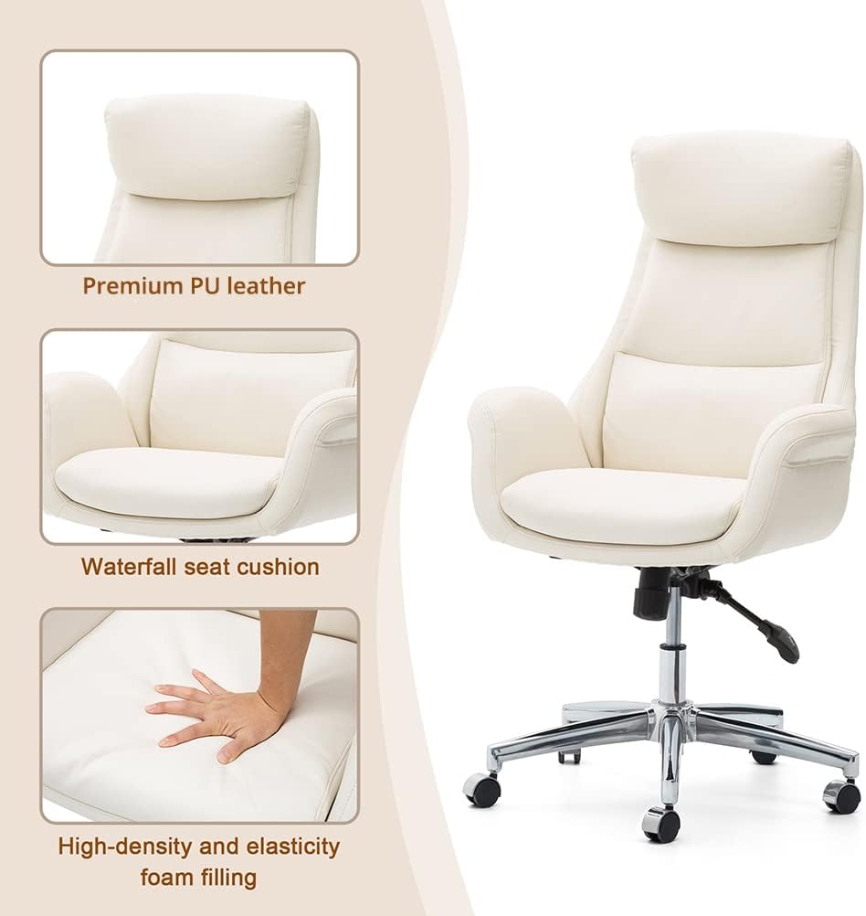 Glitzhome Home High-Back Office Chair Leather Adjustable Swivel Desk Chair with Arms, Cream