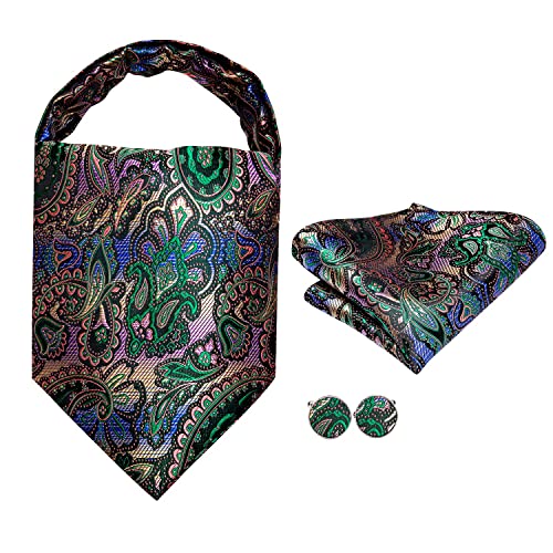 Image of Hi-Tie Silk Ascot for Men Self Tie Men's Cravat and Flower Lapel Pin Handkerchief Cufflinks Set for Wedding Party
