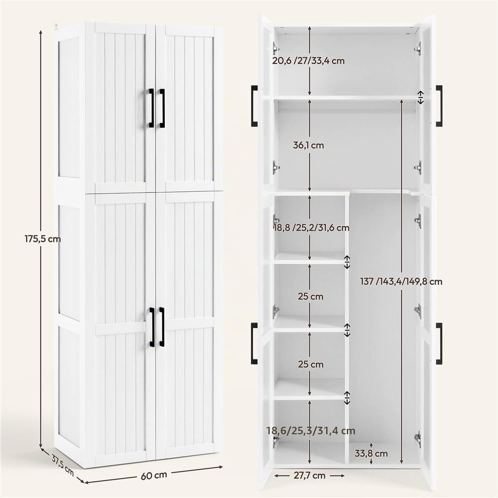 Yaheetech Armario de Almacenamiento Mueble Multiuso Estrecho Blanco | de 175,5cm de Altura y 37,5cm de Profundidad, con 4 Puertas y Compartimento para Aspiradora
