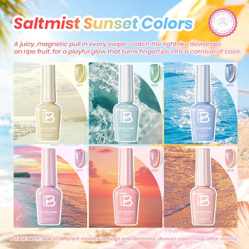 Image of Beetles Summer Voyage Cat Eye Gel Nail Polish Set - 9ML 6 Colors Saltmist Sunset Summer Cat Eye Gel Nail Polish Kit Yellow Blue Green Pink Purple Soak Off UV Salon DIY at Home Manicure Gift for Women