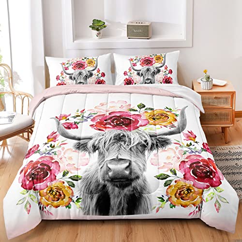 Bducok Highland Cattle Comforter Sets,Rose Flower Highland Cow Bedding Sets For Kids Boys Teens Girls Room Decor Wildlife Farmhouse Bull Cattle Comforters Twin Set 1 Comforter With 1 Pillow Cases #TOP1