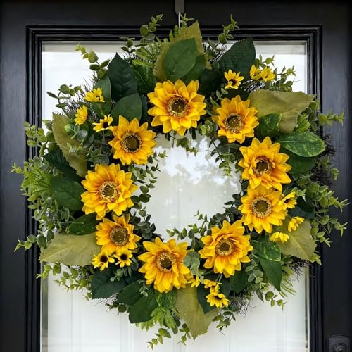 CYANBLOOM 24 Sunflower Wreath with Eucalyptus Modern Farmhouse Summer Fall Floral Wreath for Front Door Yellow Sunflowers Dense Boxwood Greenery Decor for Outdoor Porch Wall