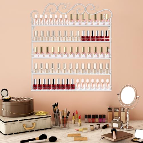 Image of 5 Tier Metal Wall Mounted Nail Polish Rack - White Cosmetic & Essential Oil Storage Shelf Display Organizer with Protective Strips for 100-120 Bottles, Perfect for Home Salon, Spa Shops & Vanity