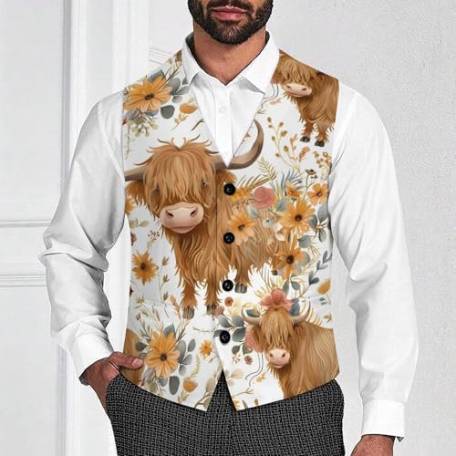 Highland Cow Print Men's Suit Vests Business Formal Dress V-Neck Waistcoat Tops with 2 Pockets2