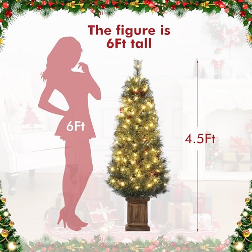 GAOMON 4.5ft Christmas Tree 2 Set with 100 Warm White Led Lights, Pre-Lit Snow Flocked Christmas Tree with Vintage Potted Base, Holiday Xmas Tree with Red Berries, Decoration for Home, Entrances