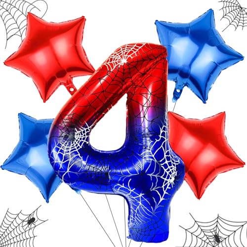 Balões Spider aniversário, 5 peças Spider balão de alumínio para crianças, balão vermelhos e azuis, lustre balões de aniversário 4 anos criança para aniversário, aniversários, Baby Showers