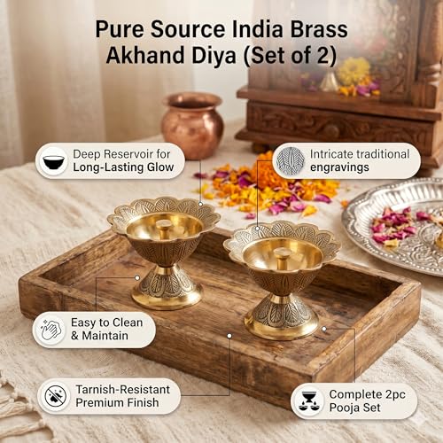 Image of Pure Source India Brass Akhand Diya /Oil Lamp for Pooja, Mandir and Home Decoration (L-2.75inch) 2pcs