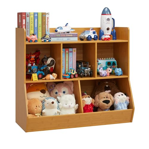 Image of Kovhzcu Toy Storage Organizer with Bookshelf, 5-Cubby Children's Toy Shelf, Toy Storage Cabinet for Children's Room, Playroom, Hallway, Kindergarten, School (Natural)