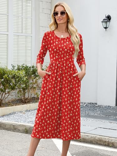 Image of Heymoments Women's Casual 3 /4 Sleeve Midi Dress Crewneck A Line Tiered Flowy Loose Travel Long Dresses with Pockets