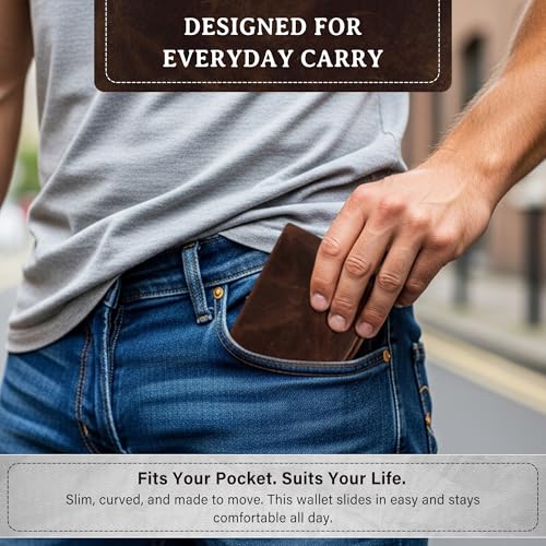 Image of ROGUE WALLET Genuine Leather Wallets for Men - Minimalist, Classic Curved Front Pocket w / 3 Card Slots, Plastic ID Card Slot & Full Billfold Section - Gifts for Men (Distressed Brown)
