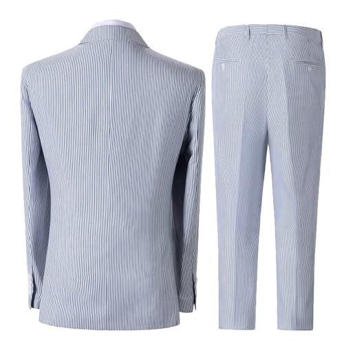 Men's Seersucker Striped Suits 2 Piece Slim Fit Summer Casual Pinstripe Suit for Men Wedding Grooms Blazer Jacket Pants Sets2