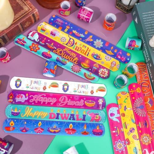 Image of JUNEBRUSHS 56 PCS Diwali Slap Bracelets Bulk Indian Party Favors Happy Diwali Gifts Classroom Rewards Colorful Lantern Rubber Wristbands Goodies Treat Bag Fillers