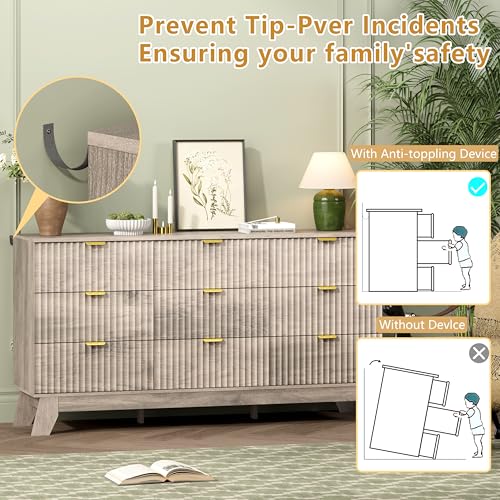 Image of Wodeer 9 Drawer Fluted Dresser for Bedroom, Mid Century Modern Wooden Dresser with 9 Drawers, Dressers & Chests of Drawers with Metal Handle, TV Stand & Storage Organizer for Entryway, Hallway, Oak