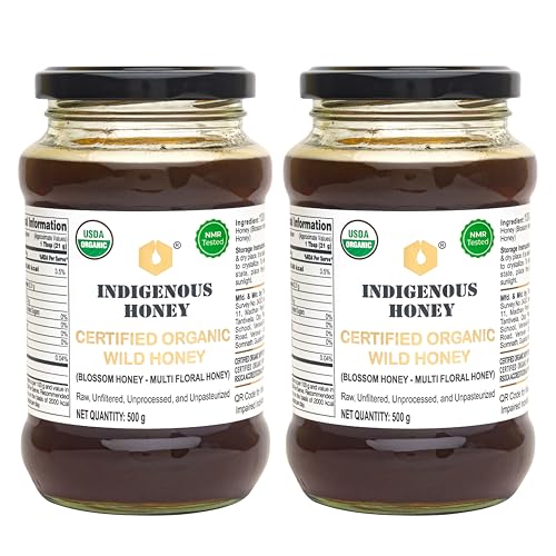 Image of INDIGENOUS HONEY Raw Organic Honey Unprocessed USDA Certified Unfiltered Unpasteurized Pure Natural Original Honey - 500 g Glass Jar (Pack of 2)