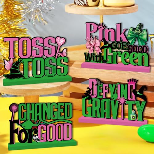 Image of 4pcs Pink and Green Witch Party Decorations Wood Table Centerpieces Witch Theme Birthday Table Decorations Pink and Green Party Tabletop for Boys Girls Birthday
