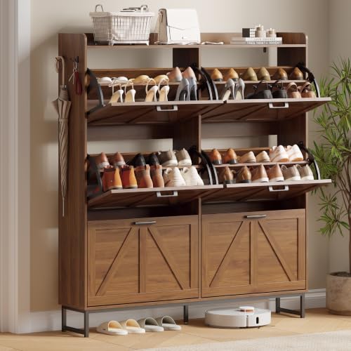 Image of Xixini Shoe Storage Cabinet with 6 Flip Drawers, Entryway Shoe Rack, Walnut | Freestanding Narrow Shoe Storage, Hidden Slim Wood Shoe Organizer, Modern Farmhouse, Open Storage & Hooks for Closet, Hallway