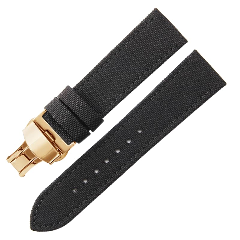 ROUHO Nailon y Piel Banda de Reloj Híbrida Lona Reemplazo Correa Reloj Hombre para Seiko NATO-Negro con Oro Hebilla Desplegable 22mm