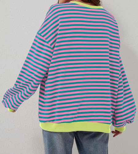 DUOEASE Jersey Mujer Cuello Redondo Rayas Camiseta Manga Larga Ropa Mujer Otoño-GreenPinkYellow-S