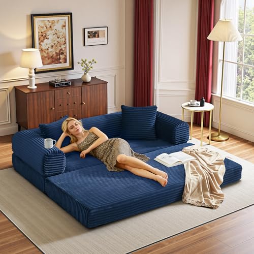 Image of Boneless Couch Futon Sofa Bed Sectional Couches for Living Room,Cloud Couch with Sleeper Sofa,Sofas for Living Room Oversized Corduroy Upholstered (Blue, 76 Inches (No Iron Frame))