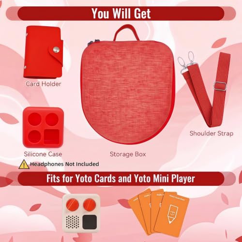 Image of Hard Case Compatible with Yoto Mini (2024 Edition), 3-in-1 Travel Bundle: Silicone Cover + Case with Shoulder Strap (Fits Mini Player & Headphones) + Up to 10 Card Holder for YOTO Cards (Red)