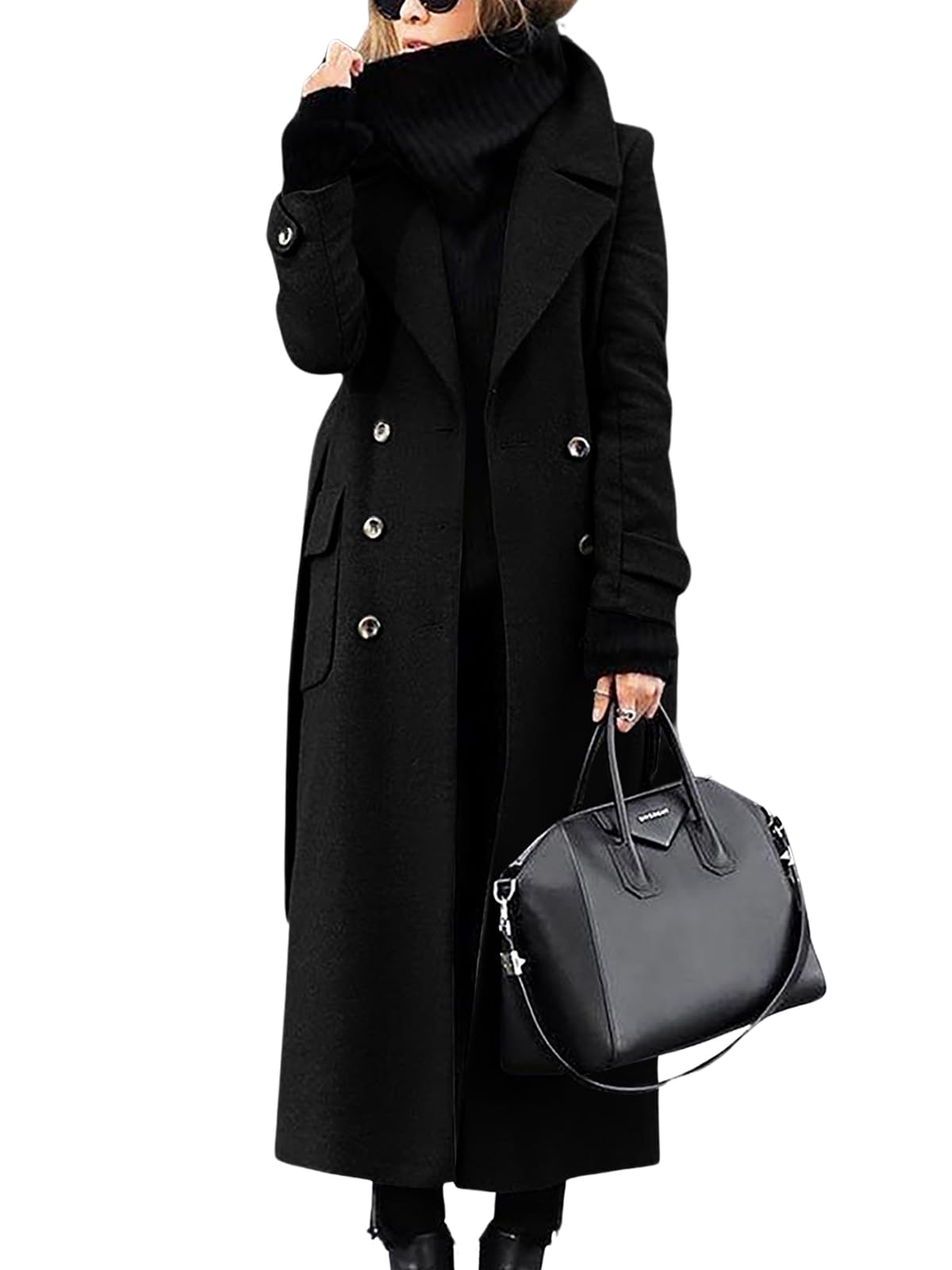 ebossy Women‘s Winter Double Breasted Wool Coat Elegant Notched Lapel Belted Mid Long Pea Trench Coat-picture-11