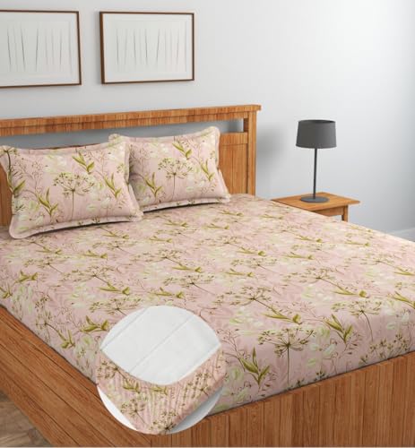 Image of NEW LEAF Glace Cotton Fitted King Size Double Bedsheets with 2 Pillow Covers | Elastic Fitted | Wrinklefree | Ultrasoft |Winter Bedsheet 220 tc tc Floral | 78 x 72+10 Inches, Begie Green