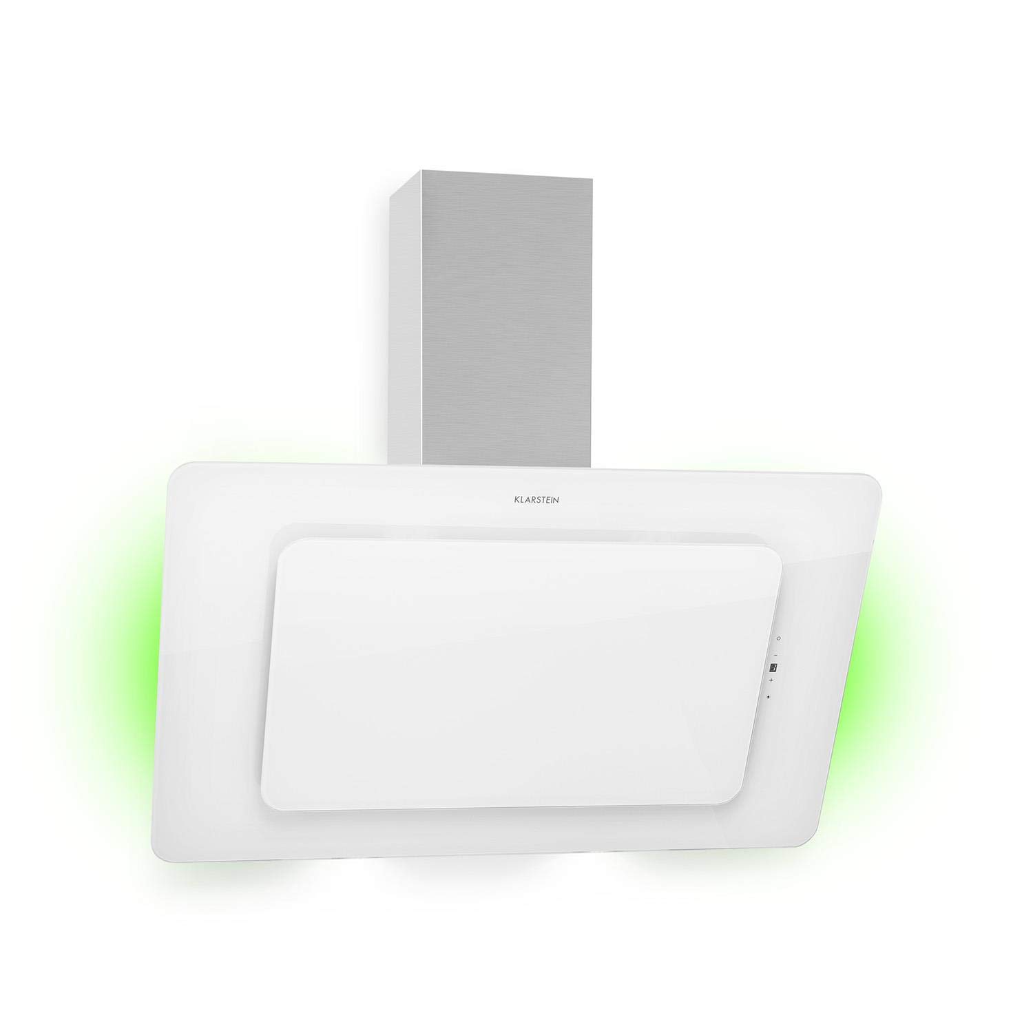 Klarstein Helena - Campana Extractora diseño pared de cocina, Potencia extraccion máxima 595m³/h, 3 potencias, Campana decorativa con Luces de 9 colores, Pantalla LED, Panel tactil, 90 cm, Blanco