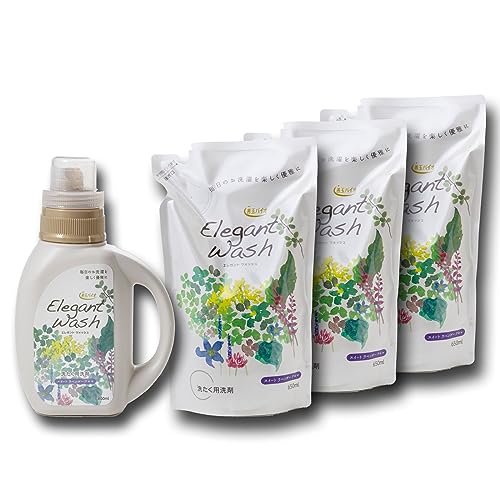 エコプラッツ 善玉バイオ エレガントウォッシュ 抗菌 柔軟成分配合 液体洗剤 オールインワン (ボトル×1本/パウチ×3袋)