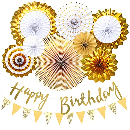 Geburtstagsdeko Happy Birthday Girlande Deko - Gold Papierfächer Rosetten Deko Geburtstag Dekorpapier für Geburtstag Partyzubehör,Birthday Decorations - BY VCOSTORE (10pcs)