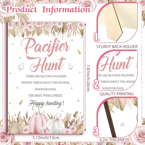 Image of Thyle 51 Pcs Boho Pink Pumpkin Pacifier Hunt Fall Little Pumpkin Baby Shower Games Include Hunt Sign and 50 Acrylic Pacifiers for Baby Shower Decoration Gift Sets Gender Reveal Autumn Party Decor