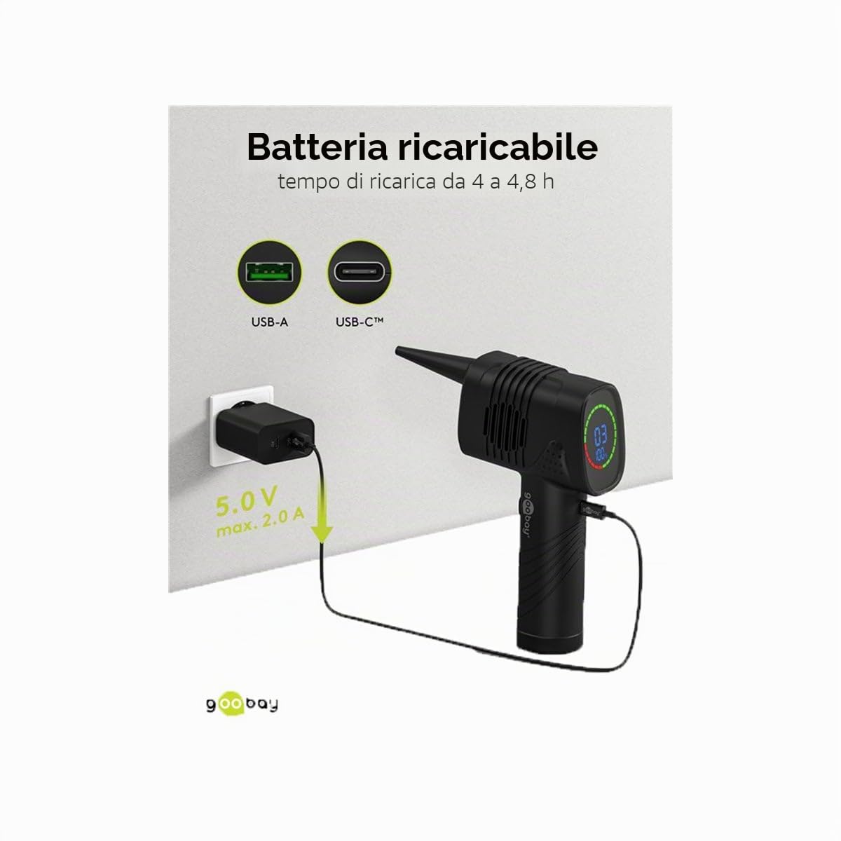 goobay 61667 Soffiatore elettrico/Pulizia di PC, tastiere, radiatori, divani, ecc. / Batteria ricaricabile da 2.000 mAh 35.000 giri/min fino a 90 minuti di funzionamento/Luce LED integrata