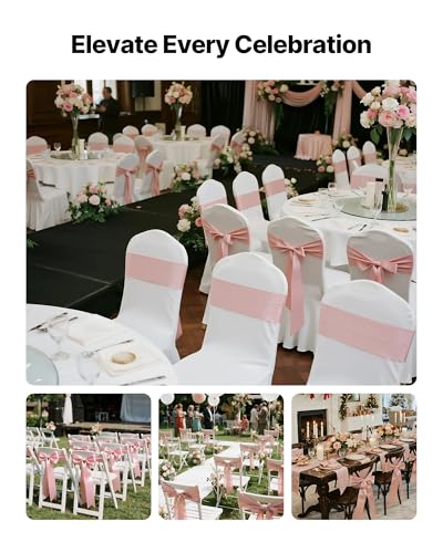 Image of VEVOR Satin Chair Sashes Bows, Chair Ribbon Ties Back Sash, 7 x 108 inch, Wedding Reception Decoration, for Wedding Ceremony Baby Shower Party Events Banquet Cover Decoration (Rose Gold, 100pcs)