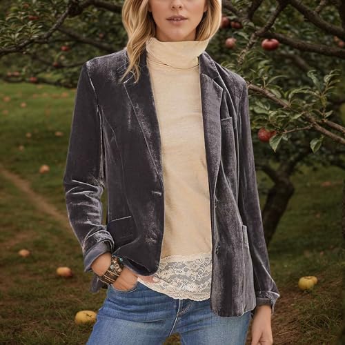 Womens Velvet Blazer Cozy Lightweight Outerwear Retro Button Long Sleeve Jacket Cardigan Coat Top Office Blazer Pockets2