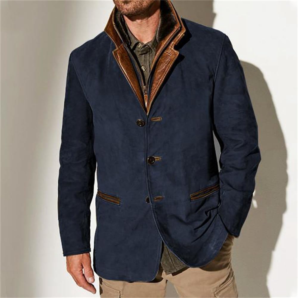 Chaquetas de gamuza vintage para hombre, chaqueta de doble capa, cuello de piel, longitud media, abrigo de otoño e invierno al aire libre