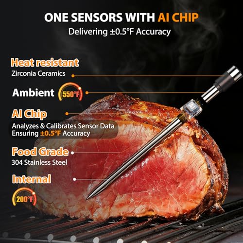AI Smart Wireless Meat Thermometer, 10X Enhanced Signal and Stability, with High-Accuracy Sensors, Standalone Display Base, Instant Read LCD &amp; App Control for Kitchen,BBQ,Oven,Grill,Air Fryer