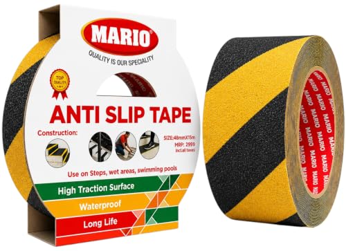 Image of Mario Anti-Skid Anti-Slip Tape Black & Yellow Zebra 50mm (2 Inch) x 15M | Extra Long High-Traction Safety Grip Tape | Waterproof Heavy-Duty Non-Slip Adhesive Tape for Stairs, Ramps & Flooring