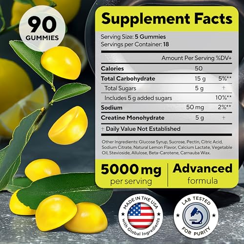 VitaUp Creatine Monohydrate Gummies for Men & Women - USA Made Monohydrate Creatine for Men 5g - Pre-Workout Gummies to Support Energy Levels, Training Endurance & Muscle Performance - 90 Count