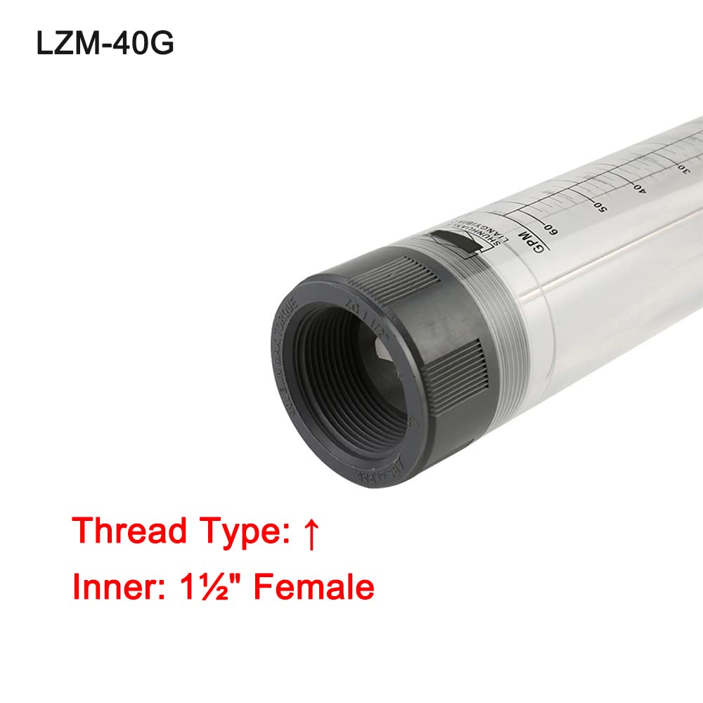 Caudalímetro líquido tipo tubo, 6-60 GPM y 20-240 LPM Rotámetro de agua de alta precisión para análisis La tasa de líquido medio, LZM-40G (rosca interna de 1-1/2 pulgadas)