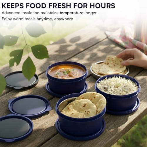 Image of PRESCO Insulated Lunch Box Set (3 Microwave Safe Inner Steel Containers,600 /450 /290ml; with Steel Spoon) with Insulated Fabric Bag, Lunch Box for Office Use, Leak Proof, Tiffin Box for Men