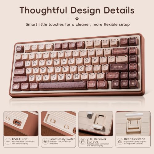 Image of ZORNHER UR82 Mechanical Keyboard,75% Wireless Creamy Gaming Keyboard with Cute Leopard Cat Kawaii Glowing Kitty Ear Mao Keycaps, Aesthetics Compact Brown Keyboard for Home Office,Coffee Brown