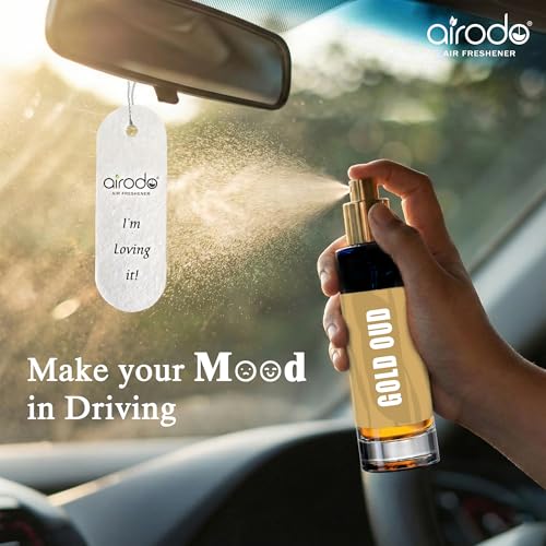 Image of Airodo Gold Oud Air Freshener Spray With Hanging Card |200 + Sprays, Long Lasting | Luxury Air Freshener For Air Interior| Air perfume (30ml,Pack of 1)