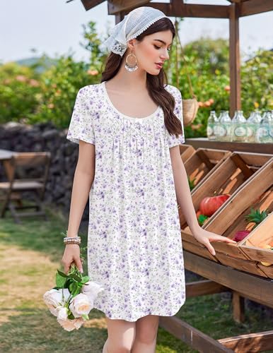 Image of Ekouaer Nightgowns for Women Pleated Sleep Shirts Short Sleeve Night Shirts Lace Trim Night Gown Ladies Sleep Dress