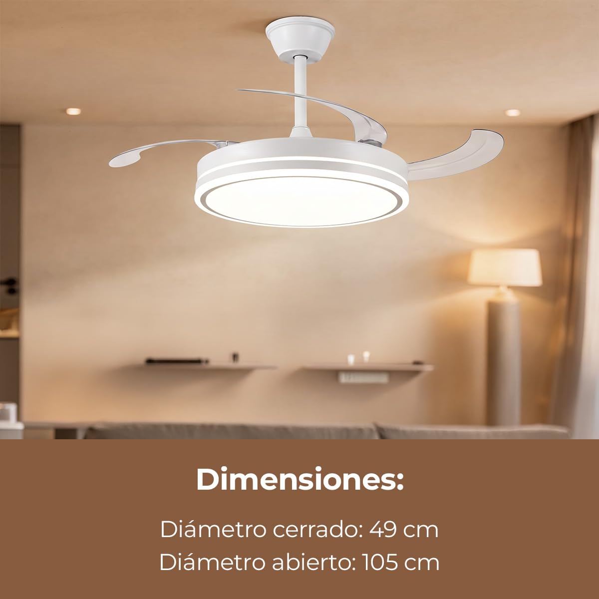 Els Banys - Ventilador de Techo LED con Aspas Plegables - Ø49 cm Cerrado / Ø105 cm Abierto - Motor DC 72W Silencioso - 6 Velocidades - Luz CCT Regulable - Mando a Distancia