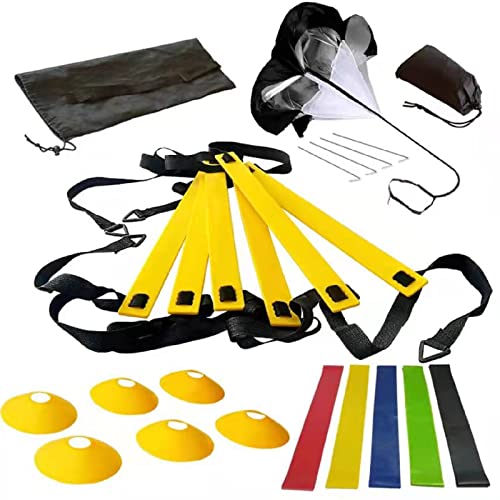 Hilediqj Agility Ladder Training Set For Football Footwork Exercise, Speed Training, Resistance Parachute For Stamina, Strength Exercise, 6 Disc Cones, 4 Steel Stakes, 5Pcs Resistance Bands (Yellow) #TOP10