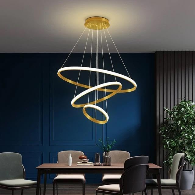Image of OJIT Modern 3 Ring Led Chandelier, Pendant Light Height Adjustable Hanging Ceiling Lamp for Living Room, Kitchen, Indoor, Dining Table & Home Decor (Black) (Golden Ring 5316)