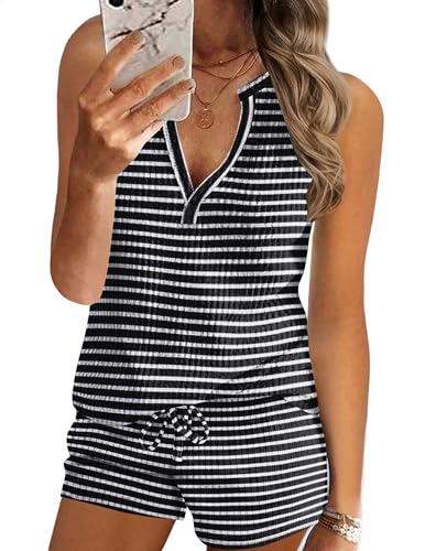Ekouaer Pajamas Tank Top and Shorts Lounge Sets Waffle Knit V Neck Pj Short Sets Striped Sleepwear Outfits for Women S
